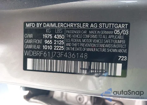 2003 Mercedes-Benz C 240 из США, поврежденный, VIN WDBRF61J73F436148